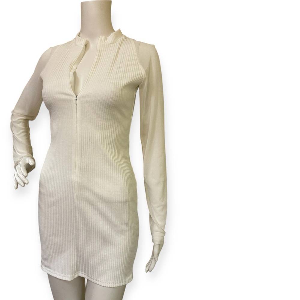 Ribbed Long-Sleeve Zip Front White Mini Dress